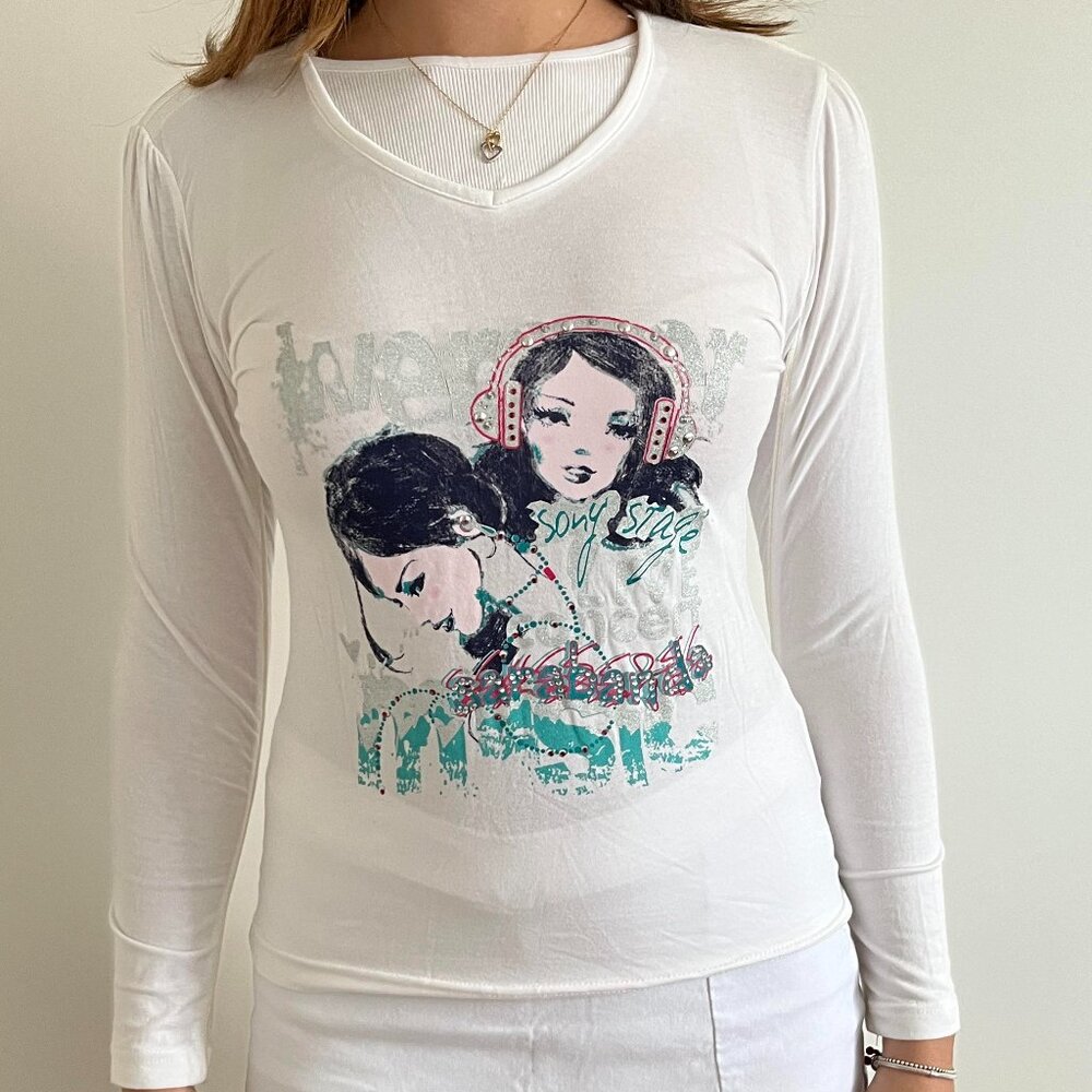 Sarabanda Y2K White Graphic Print Long-Sleeve Top